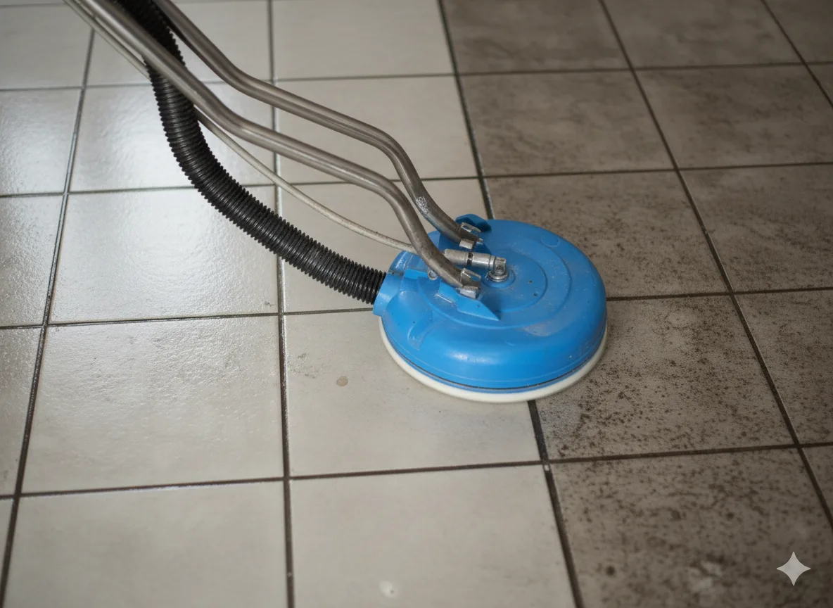 a blue and silver tile cleaner on a tile floor