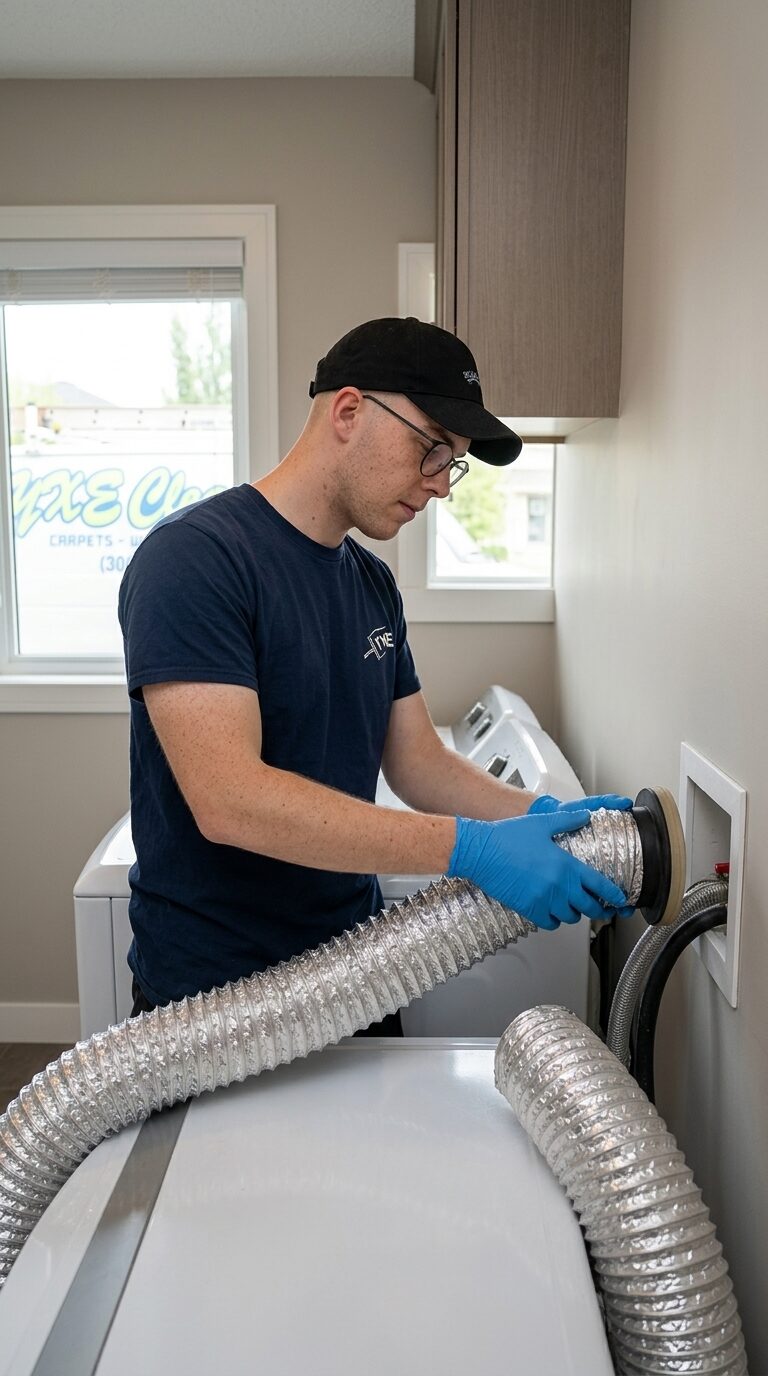 YXE technician cleaning a residential dryer vent in a Saskatoon home